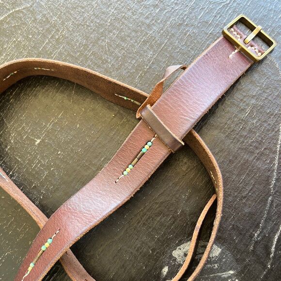 VTG Leather Beaded Belt Southwestern Boho Festival Rustic Western L 42” main image 6